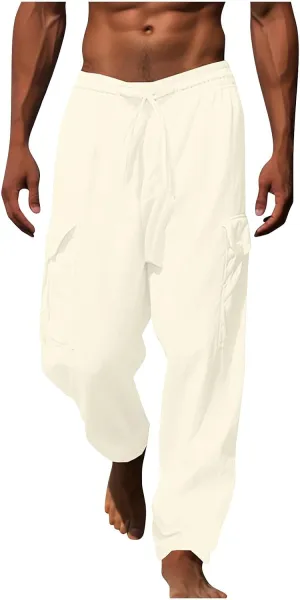 Work Pants for Men Elastic Wasist Drawstring Lightweight Summer Beach Pants Baggy Soft Wide Leg Pants with Pockets