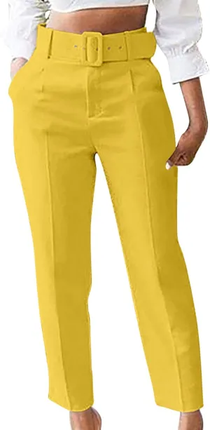 Work Pants for Women Office High Waist Comfy Cropped Business Casual Pockets Slim Fit Trousers with Belt