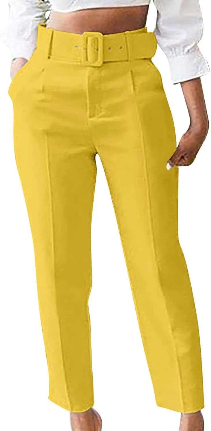 Work Pants for Women Office High Waist Comfy Cropped Business Casual Pockets Slim Fit Trousers with Belt