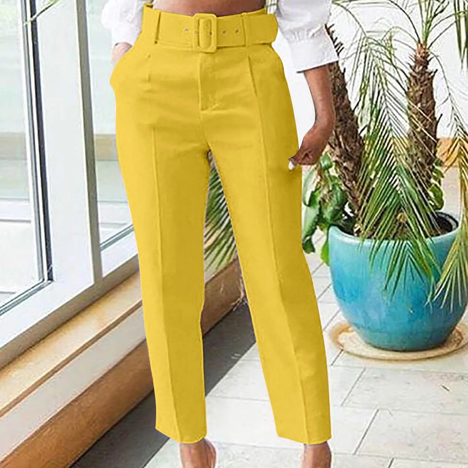 Work Pants for Women Office High Waist Comfy Cropped Business Casual Pockets Slim Fit Trousers with Belt