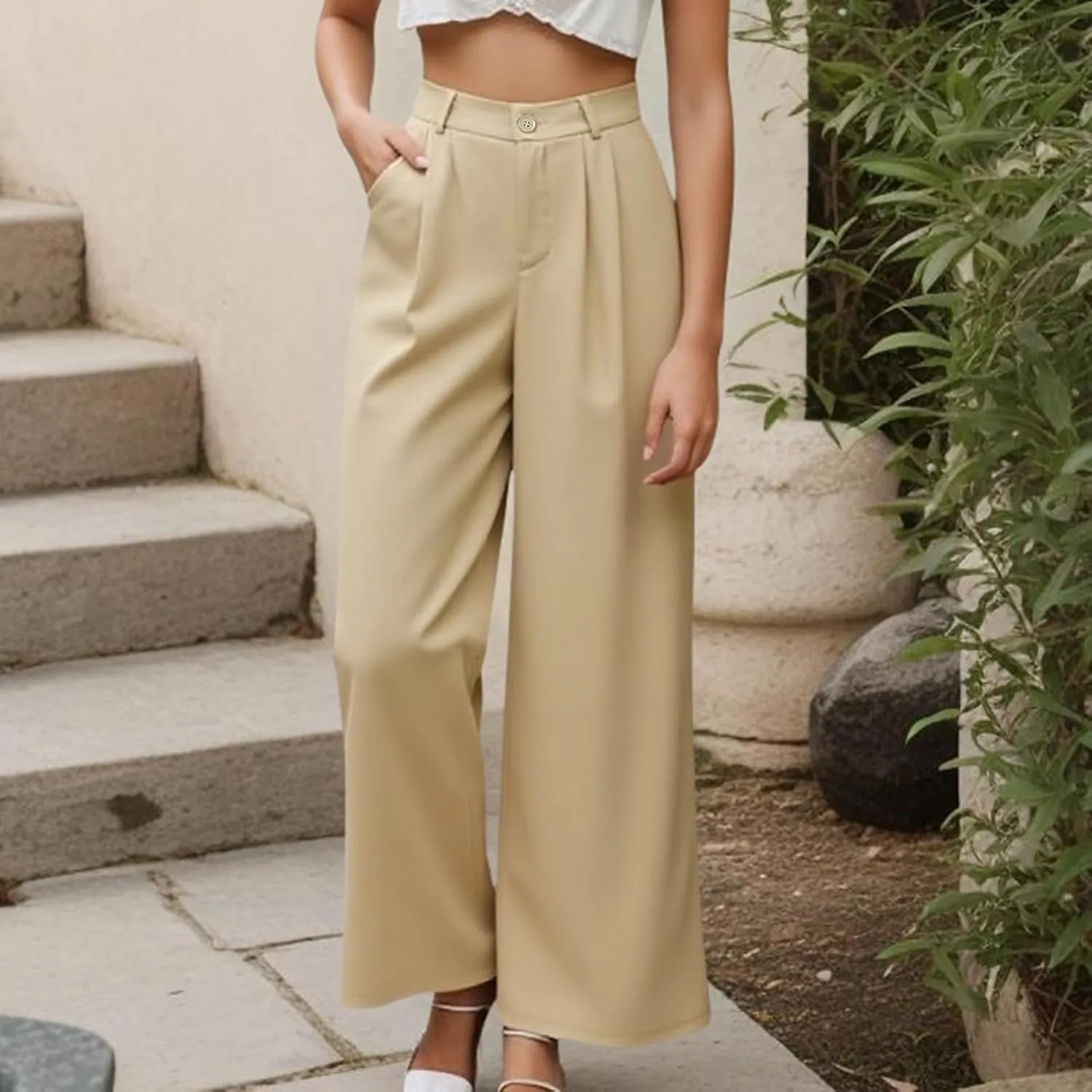 Work Pants Women Trendy High Waist Business Casual Sweatpants Straight Wide Leg Workout Office Button Comfy Trousers