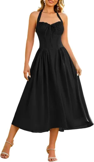XinFSh Women's Summer Halter Midi Dress Casual Sleeveless Flowy Corset Dresses Sweetheart Milkmaid Beach Vacation Sundress