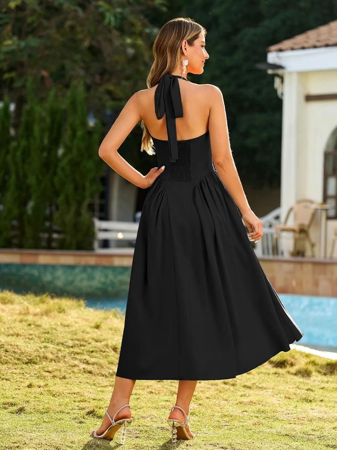 XinFSh Women's Summer Halter Midi Dress Casual Sleeveless Flowy Corset Dresses Sweetheart Milkmaid Beach Vacation Sundress