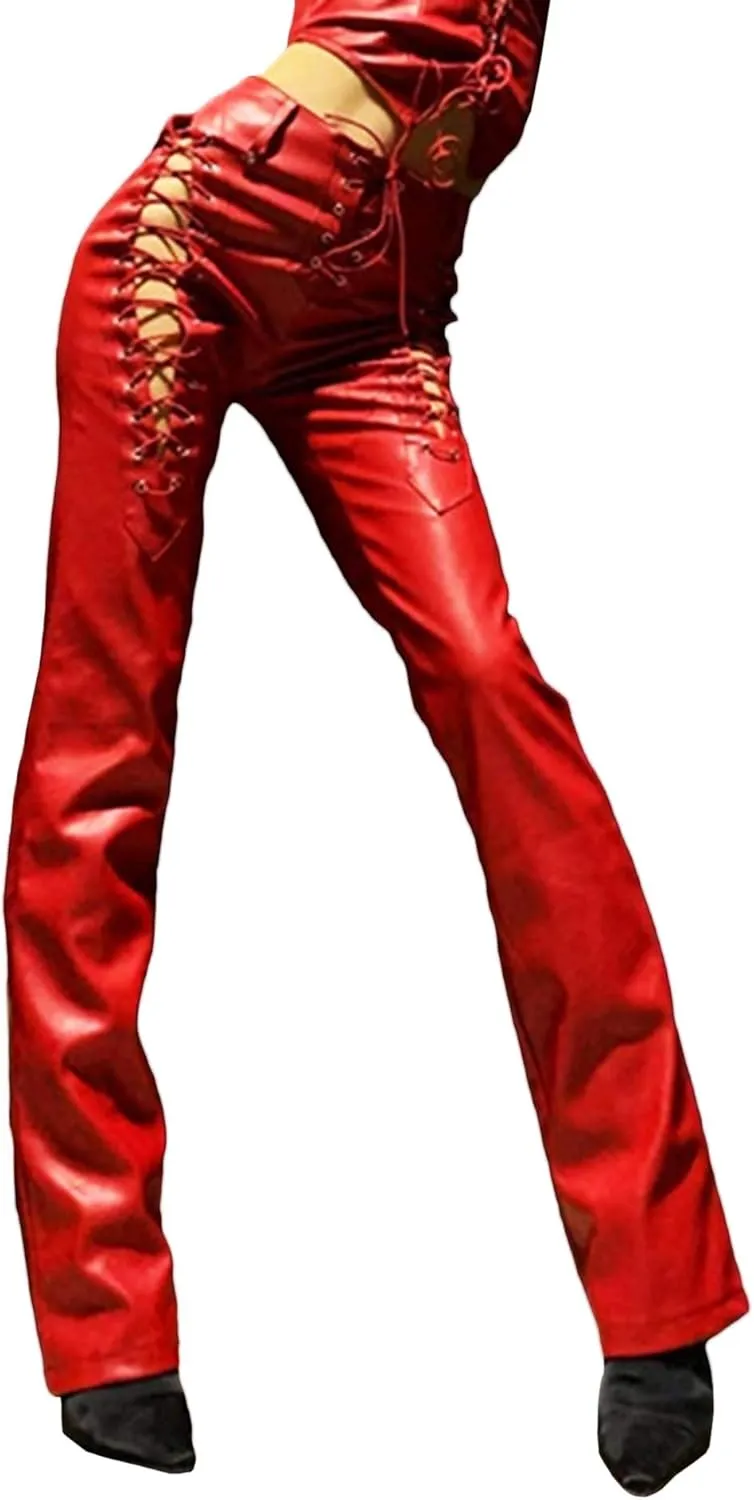 xxxiticat Women's Lace Up PU Leather Pants Chic High Waist Hollow Out Drawstring Bandage Cut Out Faux Leather Trousers