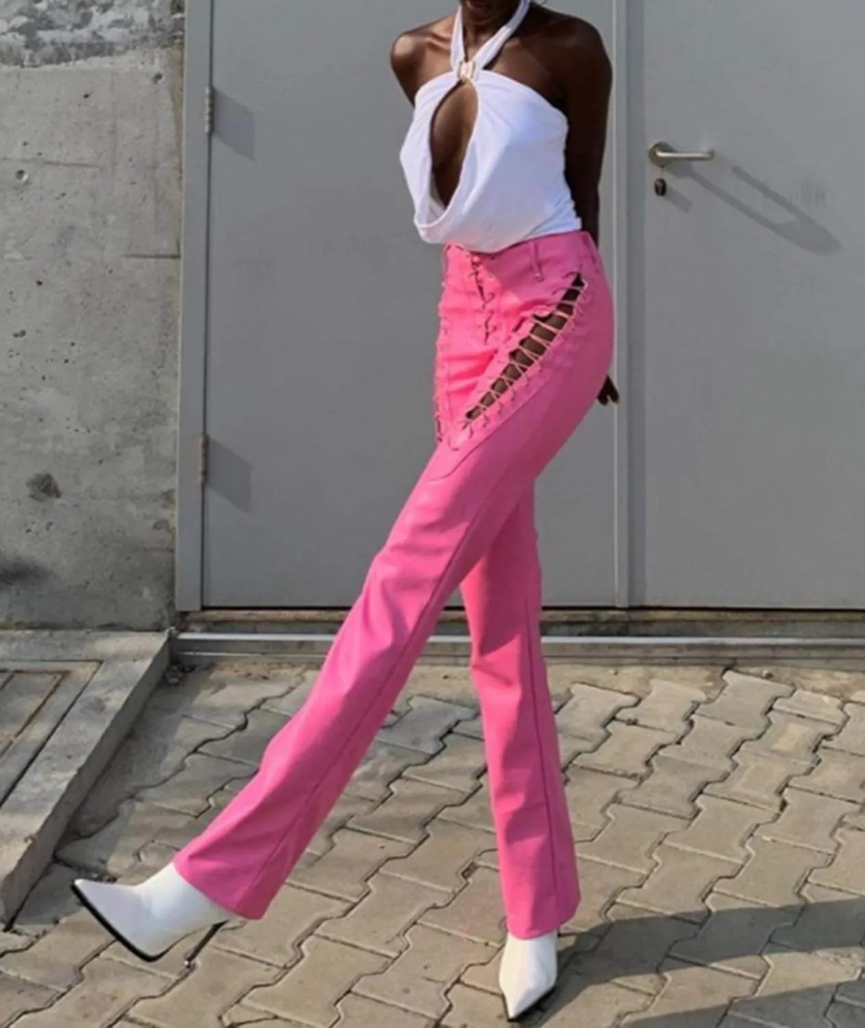 xxxiticat Women's Lace Up PU Leather Pants Chic High Waist Hollow Out Drawstring Bandage Cut Out Faux Leather Trousers