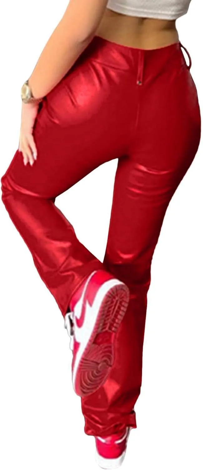 xxxiticat Women's Lace Up PU Leather Pants Chic High Waist Hollow Out Drawstring Bandage Cut Out Faux Leather Trousers