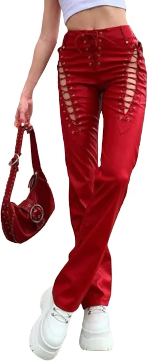xxxiticat Women's Lace Up PU Leather Pants Chic High Waist Hollow Out Drawstring Bandage Cut Out Faux Leather Trousers