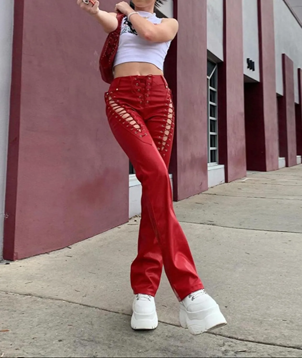 xxxiticat Women's Lace Up PU Leather Pants Chic High Waist Hollow Out Drawstring Bandage Cut Out Faux Leather Trousers