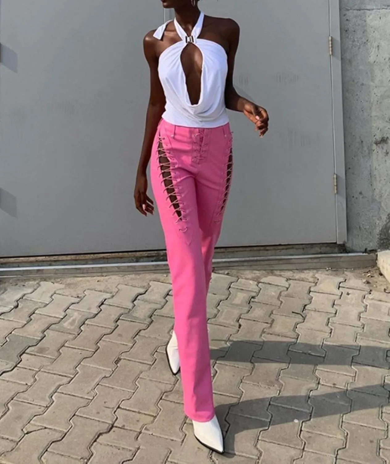 xxxiticat Women's Lace Up PU Leather Pants Chic High Waist Hollow Out Drawstring Bandage Cut Out Faux Leather Trousers