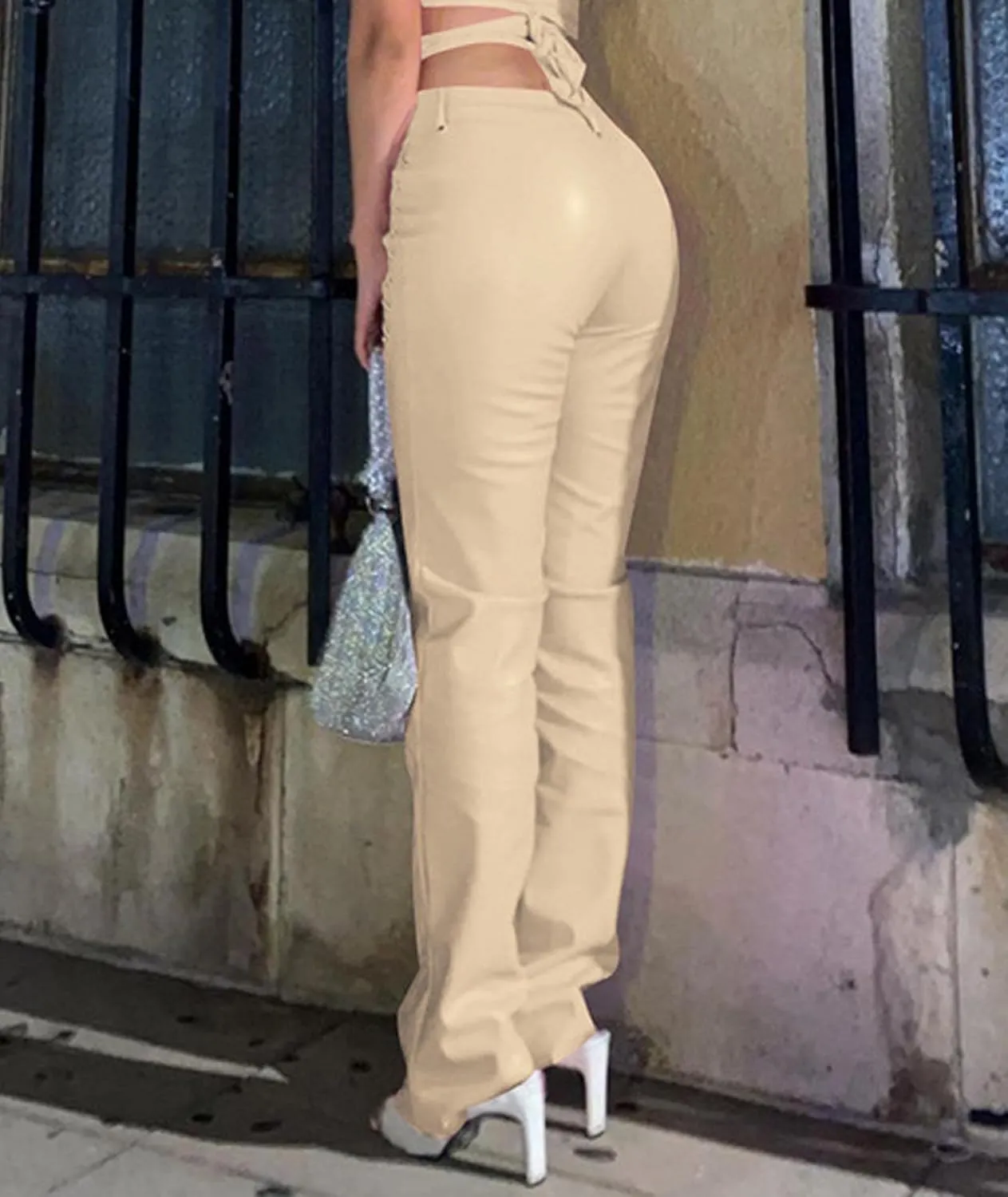 xxxiticat Women's Lace Up PU Leather Pants Chic High Waist Hollow Out Drawstring Bandage Cut Out Faux Leather Trousers