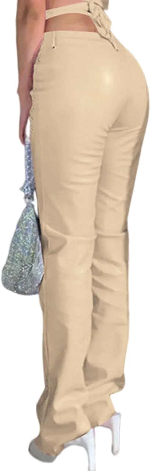 xxxiticat Women's Lace Up PU Leather Pants Chic High Waist Hollow Out Drawstring Bandage Cut Out Faux Leather Trousers