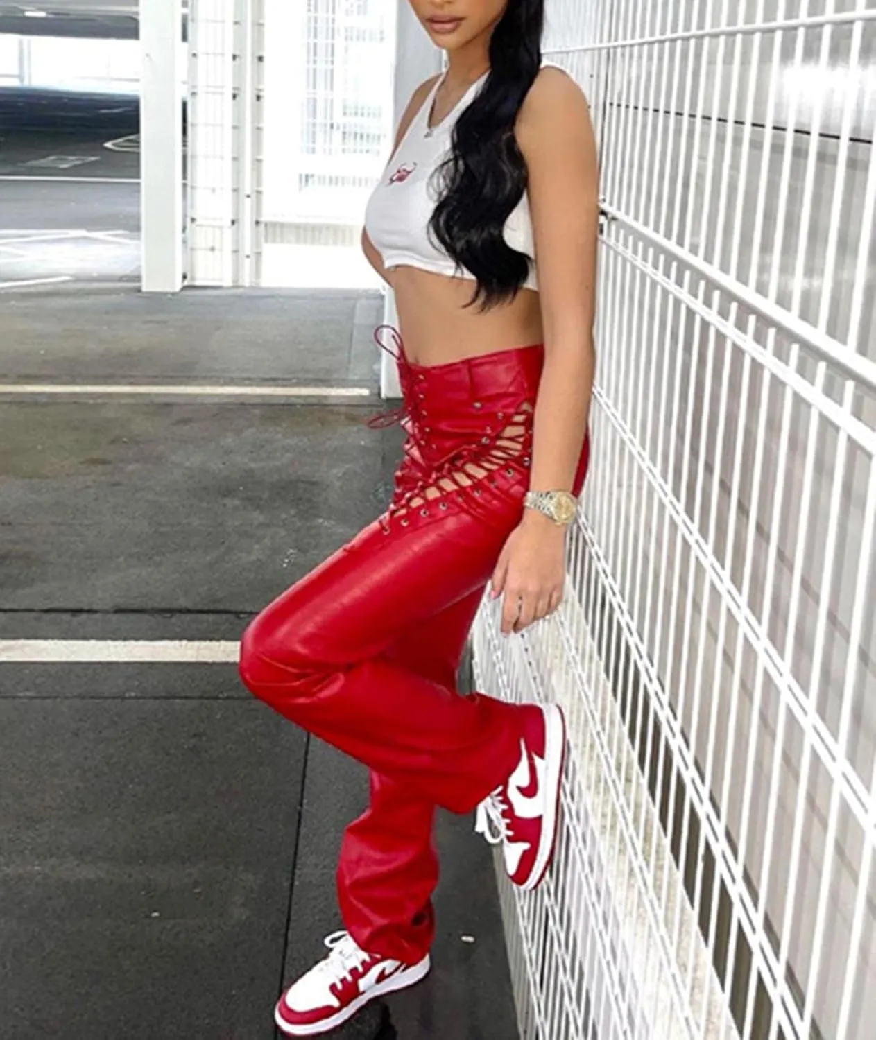 xxxiticat Women's Lace Up PU Leather Pants Chic High Waist Hollow Out Drawstring Bandage Cut Out Faux Leather Trousers