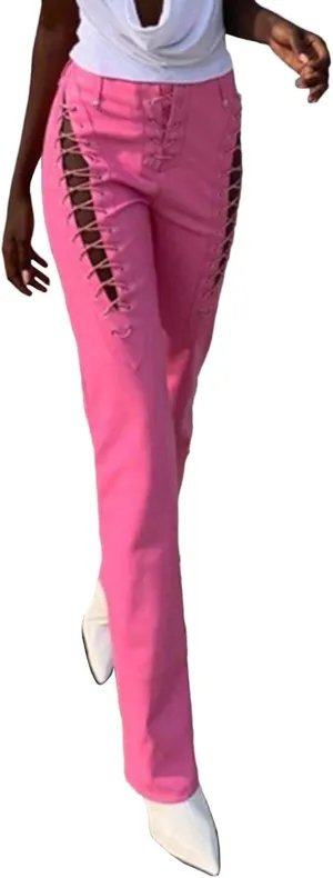 xxxiticat Women's Lace Up PU Leather Pants Chic High Waist Hollow Out Drawstring Bandage Cut Out Faux Leather Trousers