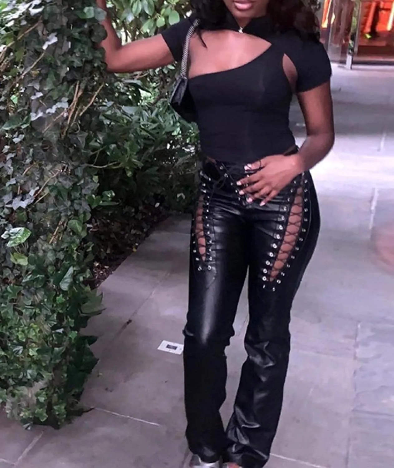 xxxiticat Women's Lace Up PU Leather Pants Chic High Waist Hollow Out Drawstring Bandage Cut Out Faux Leather Trousers