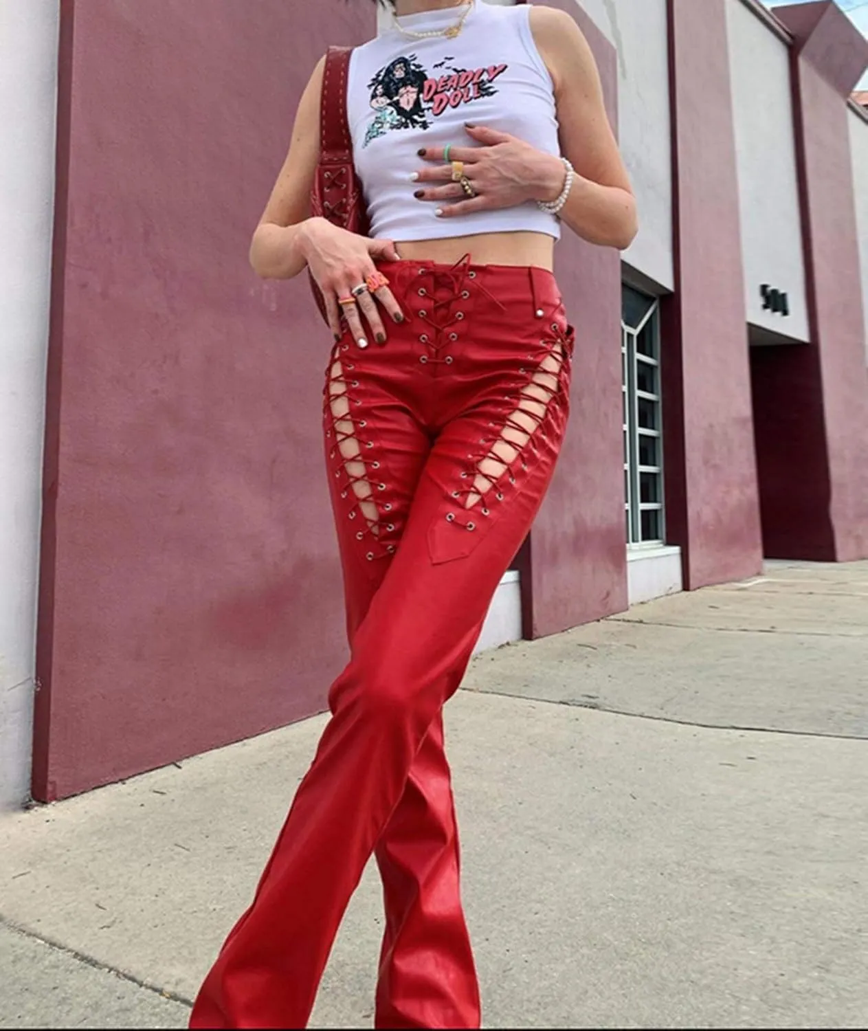 xxxiticat Women's Lace Up PU Leather Pants Chic High Waist Hollow Out Drawstring Bandage Cut Out Faux Leather Trousers