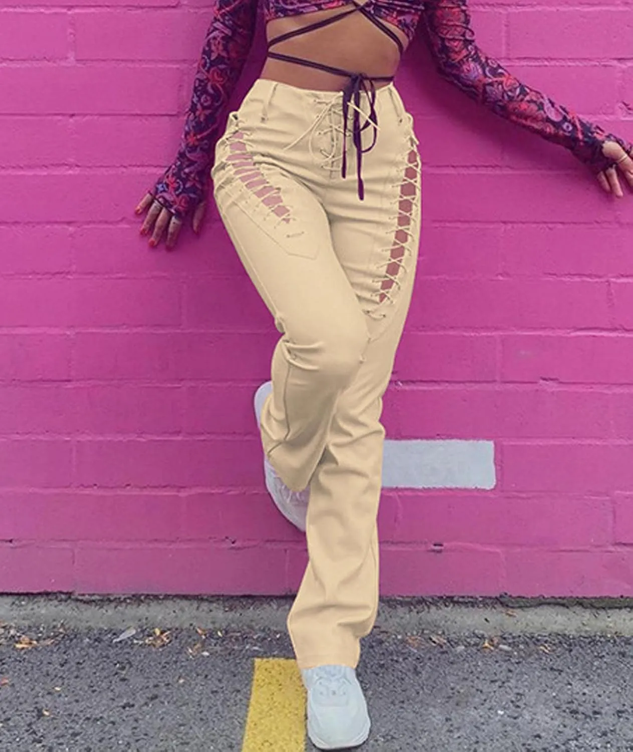 xxxiticat Women's Lace Up PU Leather Pants Chic High Waist Hollow Out Drawstring Bandage Cut Out Faux Leather Trousers