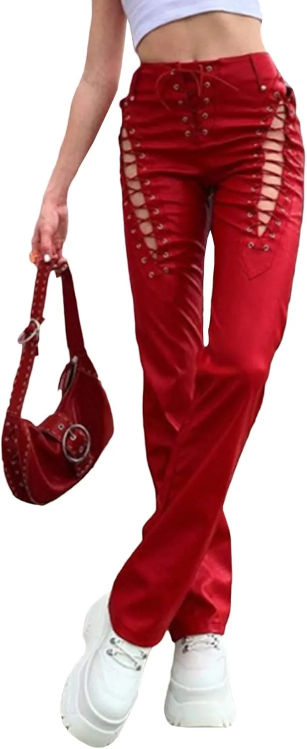 xxxiticat Women's Lace Up PU Leather Pants Chic High Waist Hollow Out Drawstring Bandage Cut Out Faux Leather Trousers