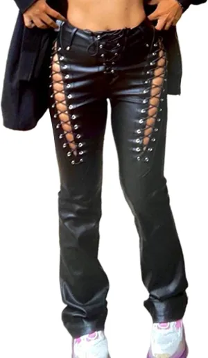 xxxiticat Women's Lace Up PU Leather Pants Chic High Waist Hollow Out Drawstring Bandage Cut Out Faux Leather Trousers