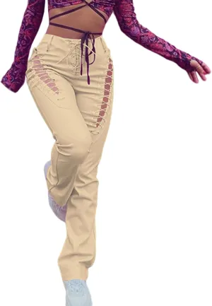 xxxiticat Women's Lace Up PU Leather Pants Chic High Waist Hollow Out Drawstring Bandage Cut Out Faux Leather Trousers