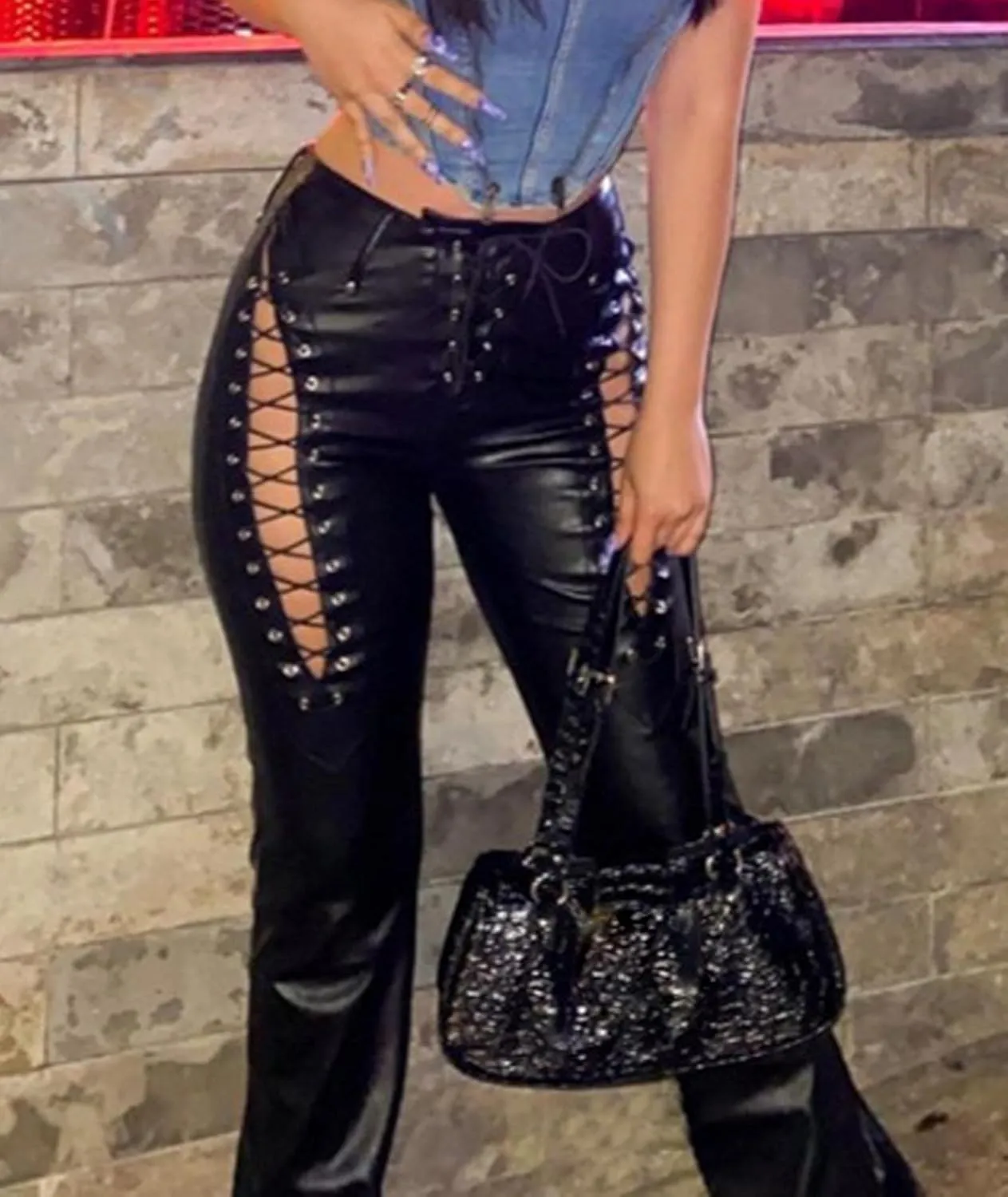 xxxiticat Women's Lace Up PU Leather Pants Chic High Waist Hollow Out Drawstring Bandage Cut Out Faux Leather Trousers