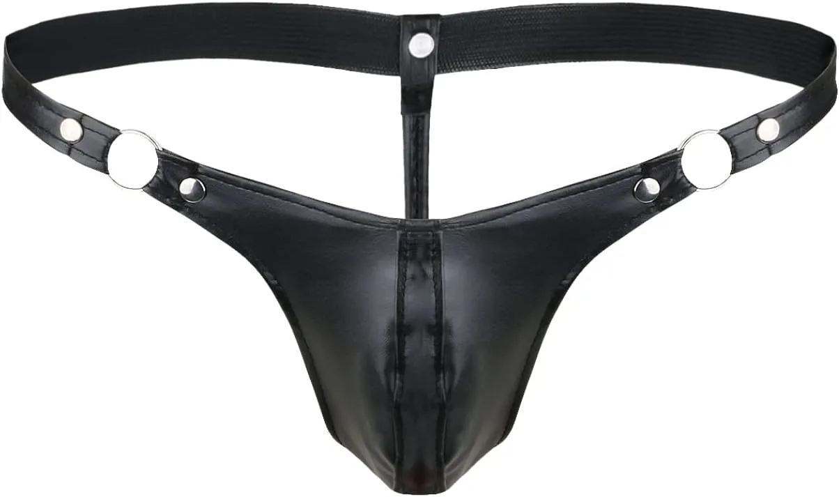 Yartina Men's Sexy Leather Thongs G-String Bikini Lingerie Bulge Pouch Low Rise Briefs Jockstrap Underwear