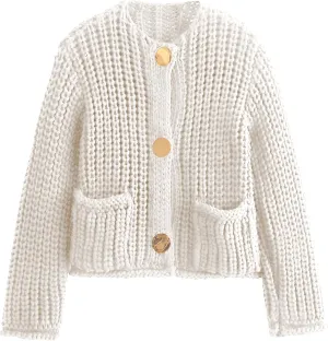 Yimoon Women's Cropped Cardigan Sweater Button Down Chunky Knit Sweater Long Sleeve Fall Open Front Cardigan