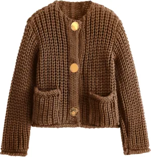 Yimoon Women's Cropped Cardigan Sweater Button Down Chunky Knit Sweater Long Sleeve Fall Open Front Cardigan