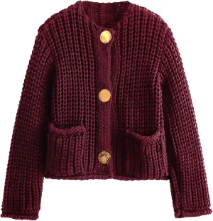 Yimoon Women's Cropped Cardigan Sweater Button Down Chunky Knit Sweater Long Sleeve Fall Open Front Cardigan