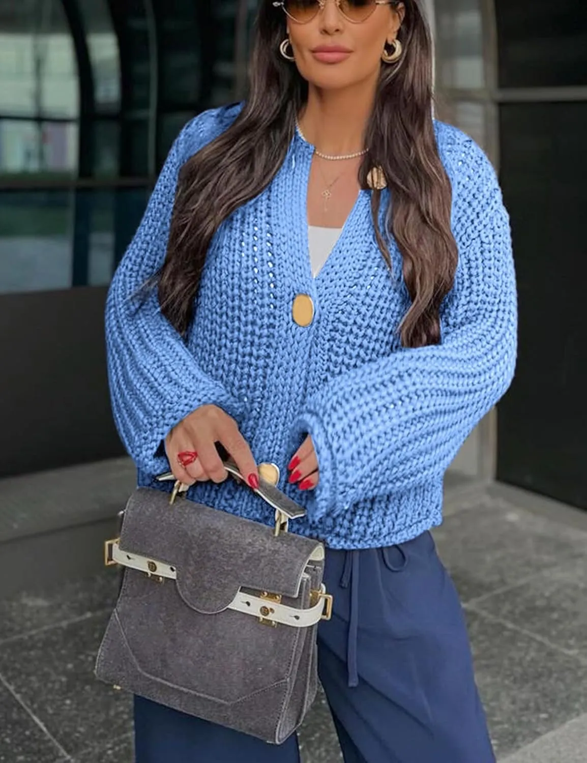 Yimoon Women's Cropped Cardigan Sweater Button Down Chunky Knit Sweater Long Sleeve Fall Open Front Cardigan