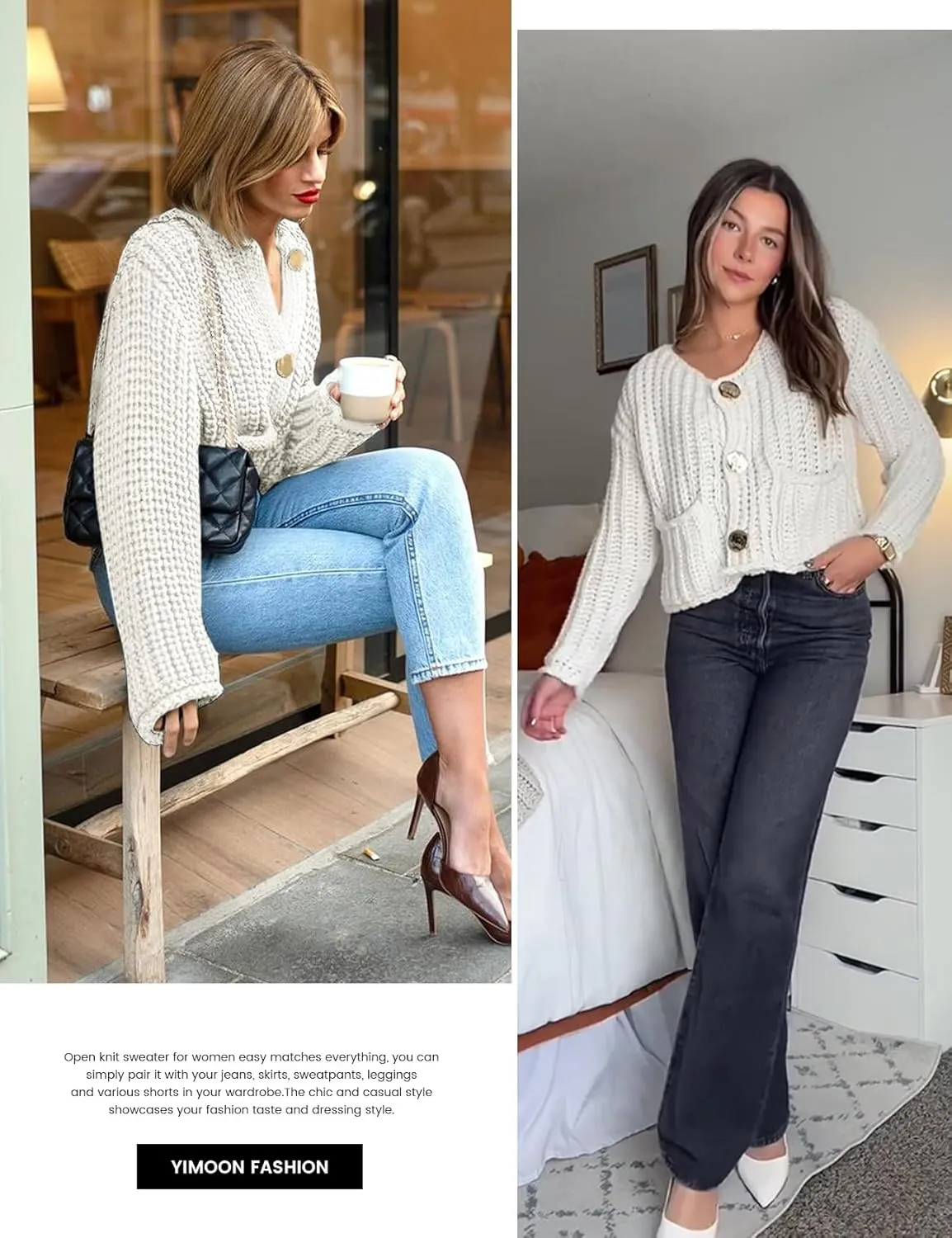 Yimoon Women's Cropped Cardigan Sweater Button Down Chunky Knit Sweater Long Sleeve Fall Open Front Cardigan