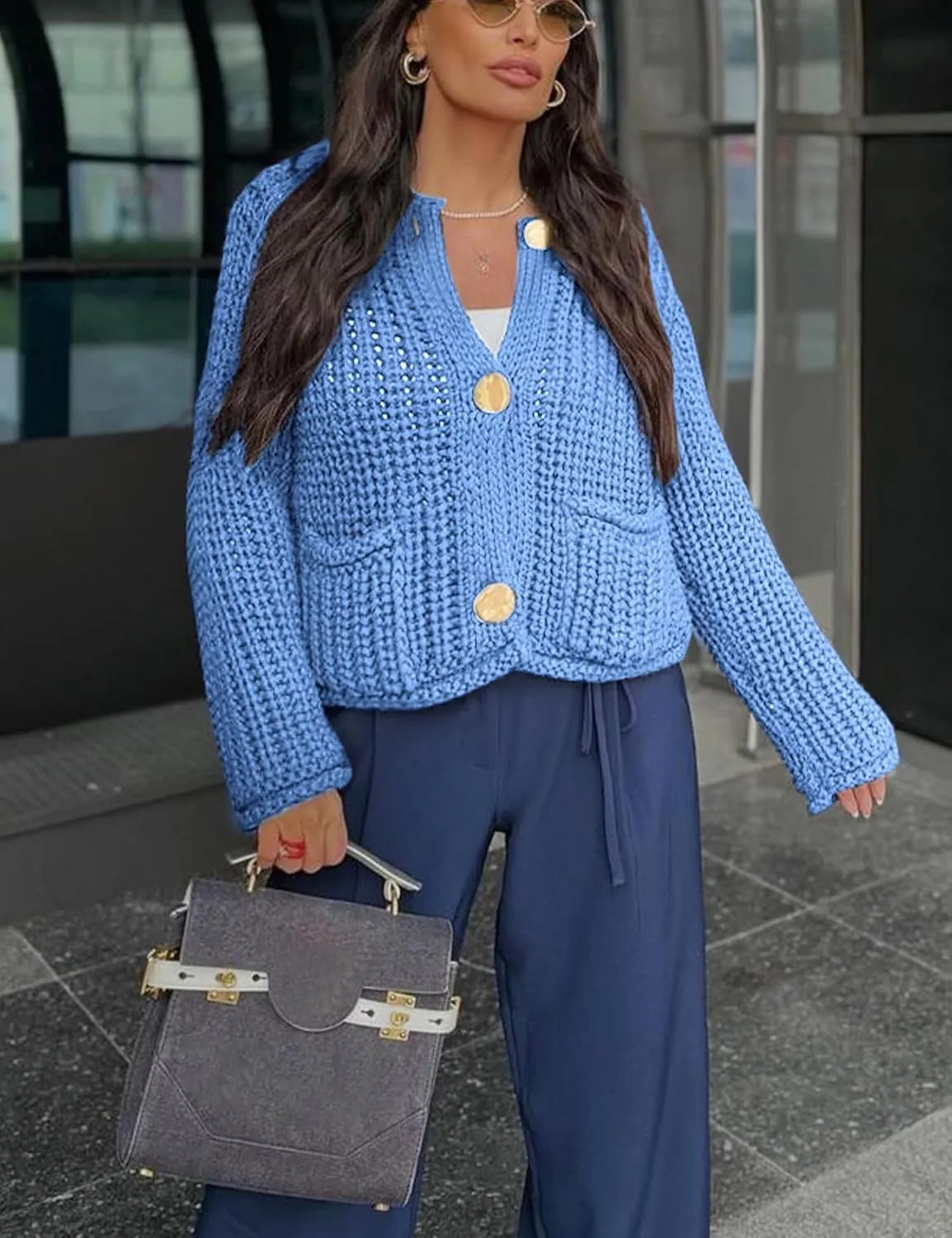 Yimoon Women's Cropped Cardigan Sweater Button Down Chunky Knit Sweater Long Sleeve Fall Open Front Cardigan