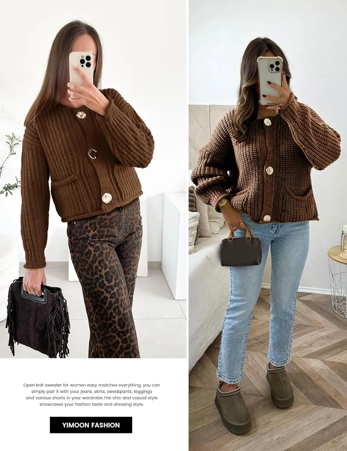 Yimoon Women's Cropped Cardigan Sweater Button Down Chunky Knit Sweater Long Sleeve Fall Open Front Cardigan