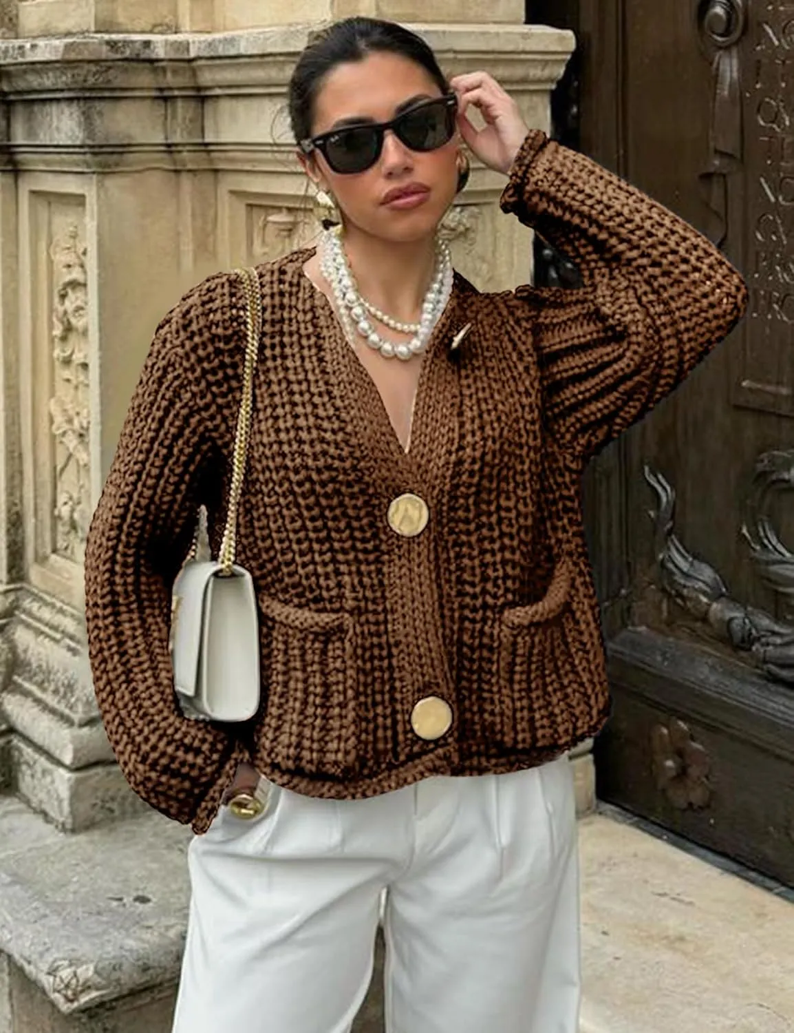 Yimoon Women's Cropped Cardigan Sweater Button Down Chunky Knit Sweater Long Sleeve Fall Open Front Cardigan