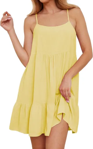 Ythomm Women Scoop Neck Ruffle Mini Dress Sleeveless Spaghetti Strap Backless Babydoll Short Dresses Summer Flowy Beach Dress