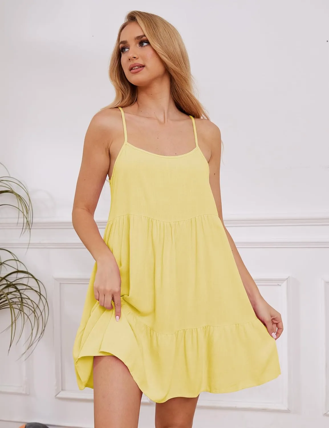 Ythomm Women Scoop Neck Ruffle Mini Dress Sleeveless Spaghetti Strap Backless Babydoll Short Dresses Summer Flowy Beach Dress