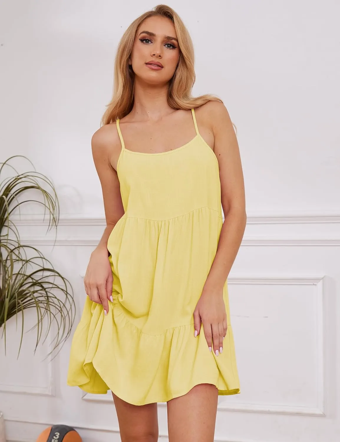 Ythomm Women Scoop Neck Ruffle Mini Dress Sleeveless Spaghetti Strap Backless Babydoll Short Dresses Summer Flowy Beach Dress