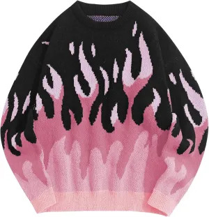 ZAFUL Men's Oversized Sweater Y2K Aesthetic Flame Graphic Crewneck Knit Pullover Unisex Casual Sweaters