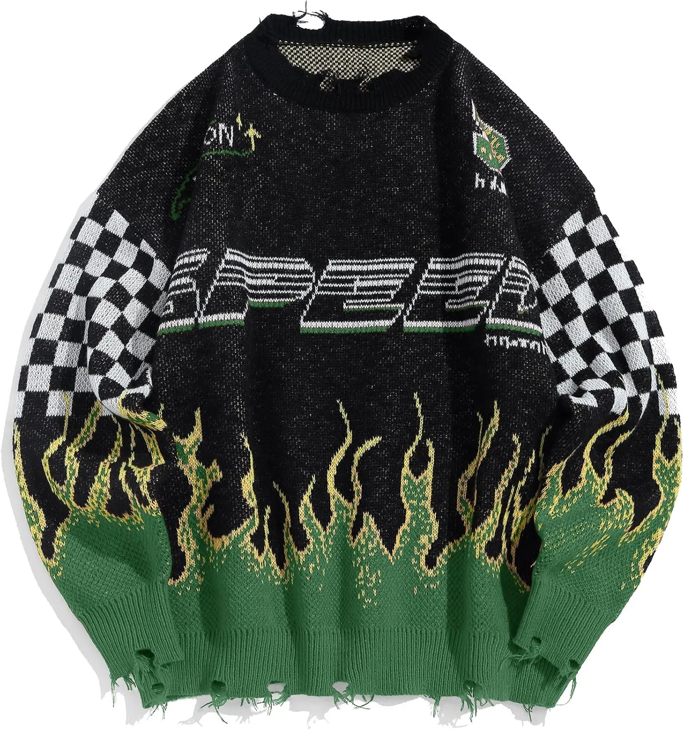 ZAFUL Men's Oversized Sweater Y2K Aesthetic Flame Graphic Crewneck Knit Pullover Unisex Casual Sweaters