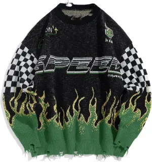 ZAFUL Men's Oversized Sweater Y2K Aesthetic Flame Graphic Crewneck Knit Pullover Unisex Casual Sweaters