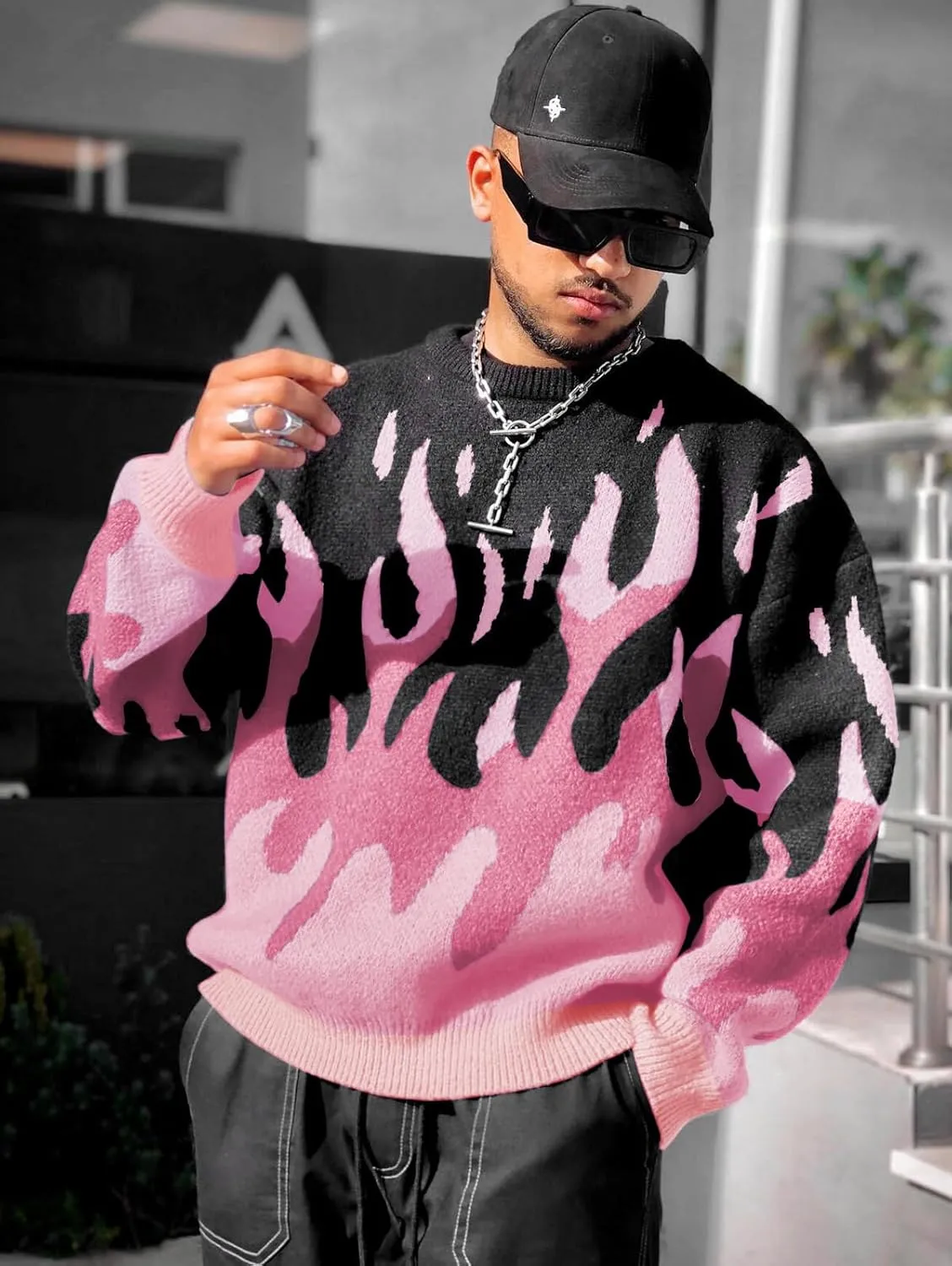 ZAFUL Men's Oversized Sweater Y2K Aesthetic Flame Graphic Crewneck Knit Pullover Unisex Casual Sweaters