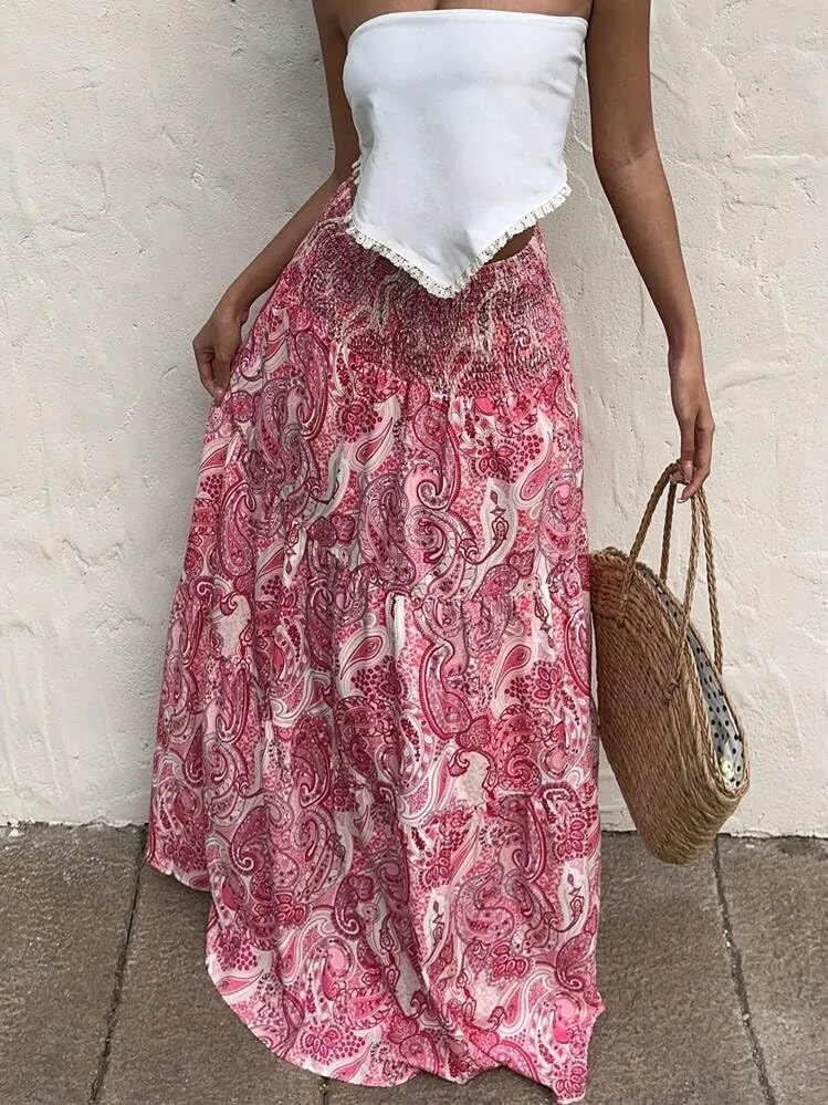 ZAFUL Womens Summer Boho Maxi Skirts Bohemian Print Smocked High Wasited Flowy Tiered Ruffle Long Beach Skirt