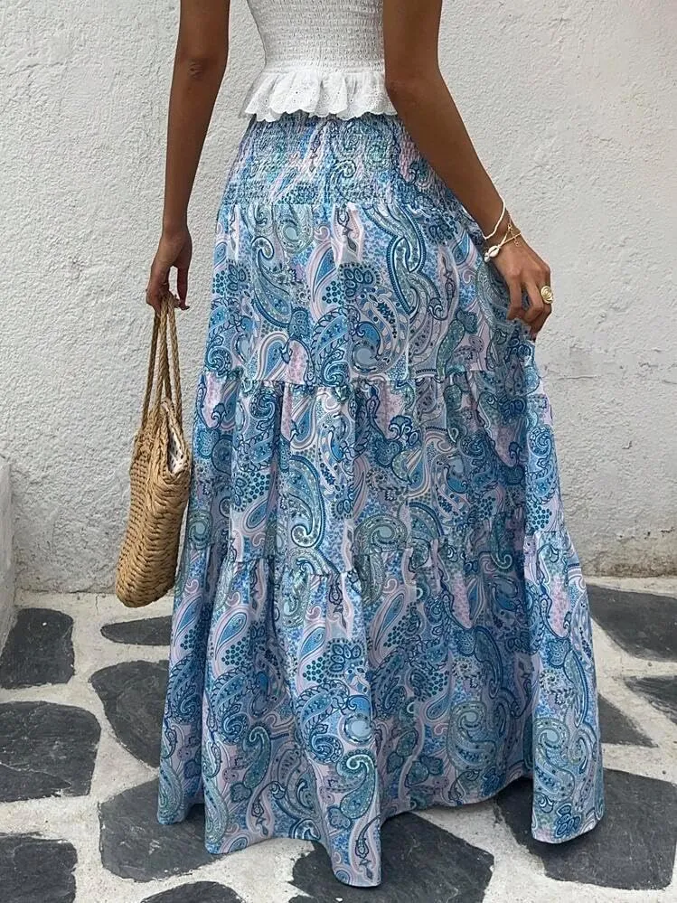 ZAFUL Womens Summer Boho Maxi Skirts Bohemian Print Smocked High Wasited Flowy Tiered Ruffle Long Beach Skirt