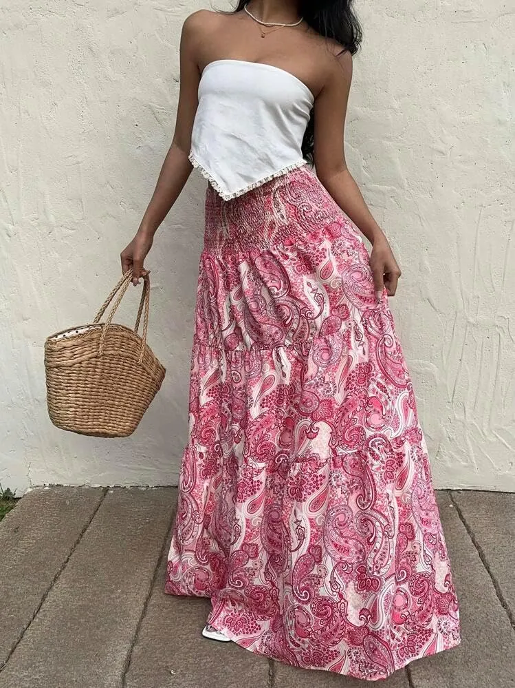 ZAFUL Womens Summer Boho Maxi Skirts Bohemian Print Smocked High Wasited Flowy Tiered Ruffle Long Beach Skirt