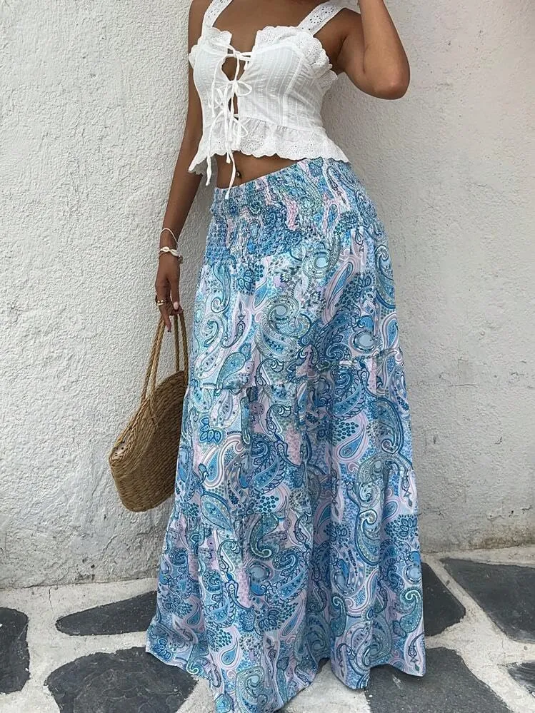 ZAFUL Womens Summer Boho Maxi Skirts Bohemian Print Smocked High Wasited Flowy Tiered Ruffle Long Beach Skirt