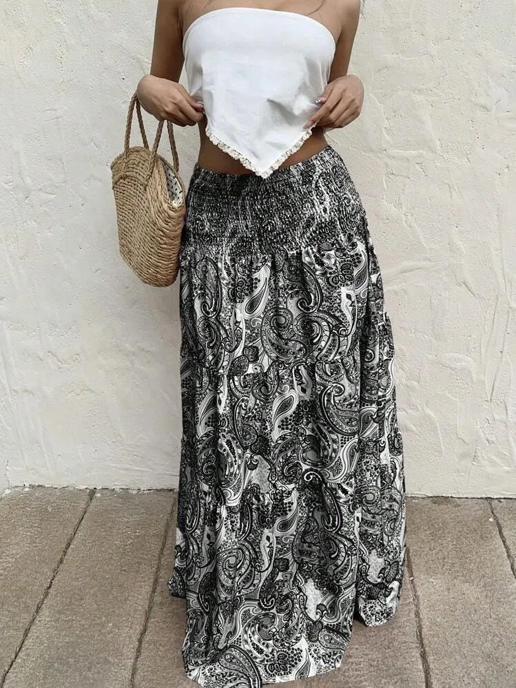 ZAFUL Womens Summer Boho Maxi Skirts Bohemian Print Smocked High Wasited Flowy Tiered Ruffle Long Beach Skirt