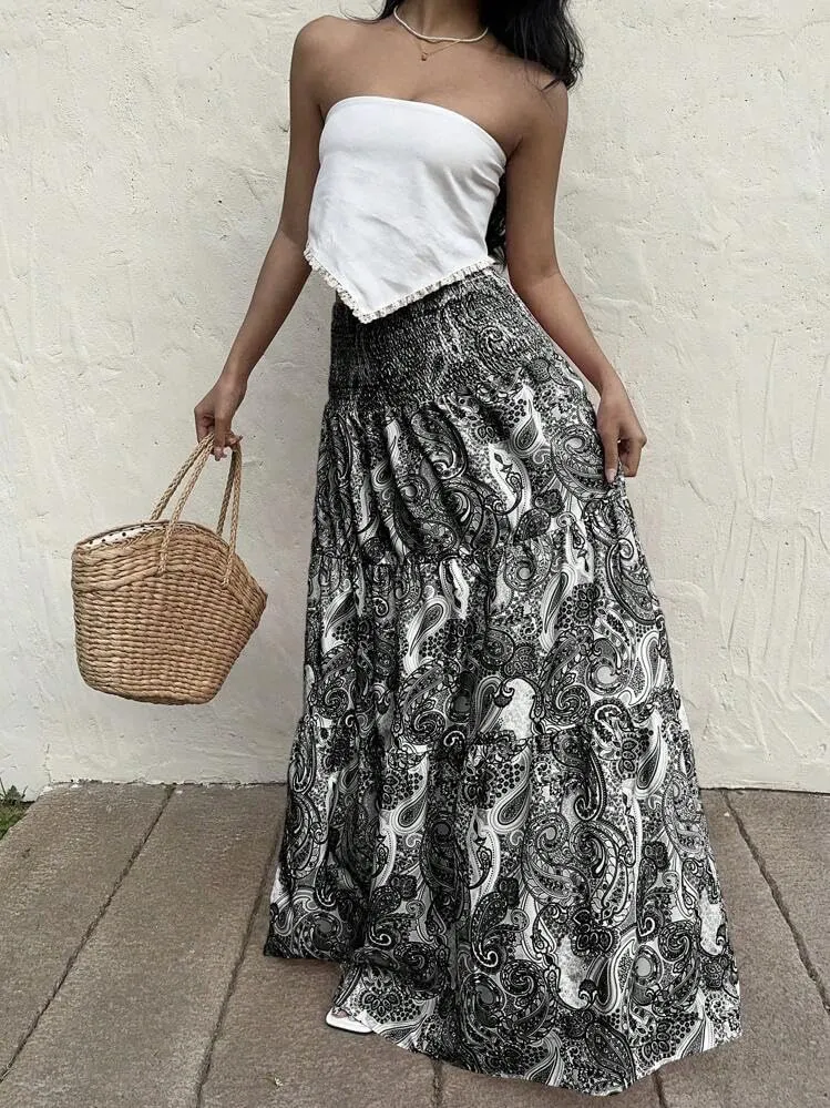 ZAFUL Womens Summer Boho Maxi Skirts Bohemian Print Smocked High Wasited Flowy Tiered Ruffle Long Beach Skirt