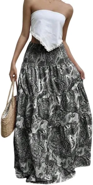ZAFUL Womens Summer Boho Maxi Skirts Bohemian Print Smocked High Wasited Flowy Tiered Ruffle Long Beach Skirt