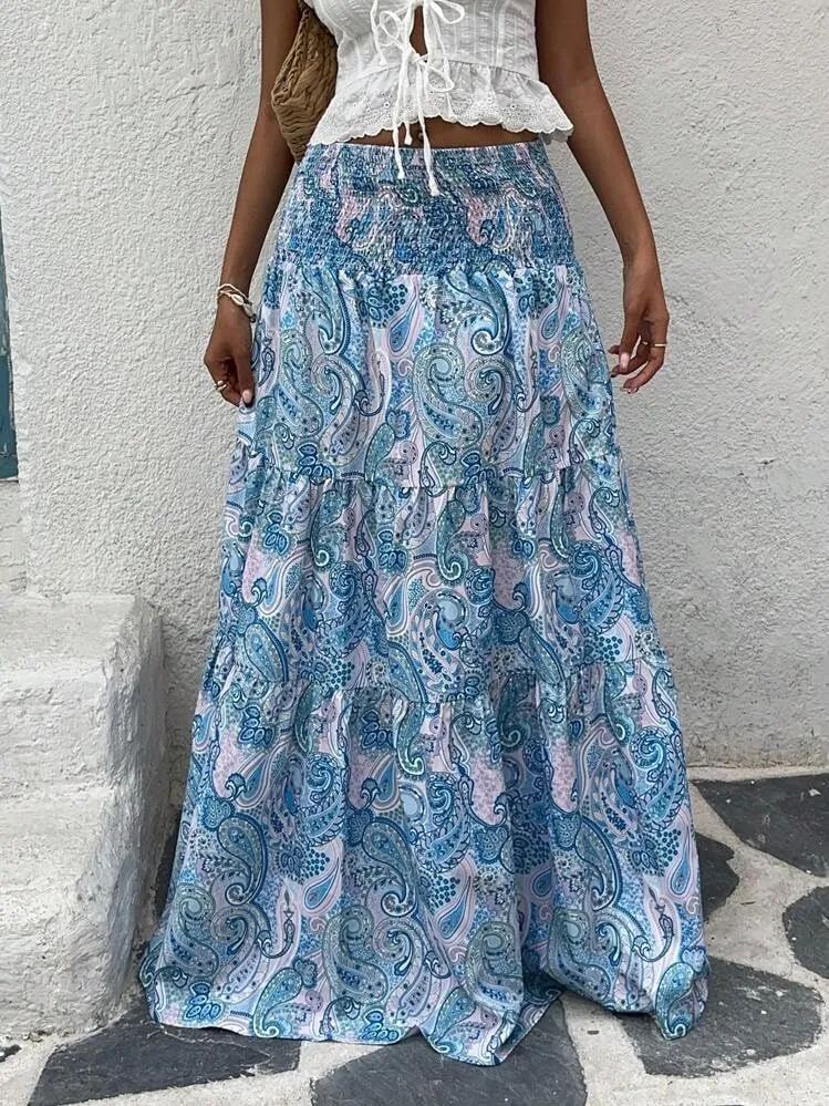 ZAFUL Womens Summer Boho Maxi Skirts Bohemian Print Smocked High Wasited Flowy Tiered Ruffle Long Beach Skirt