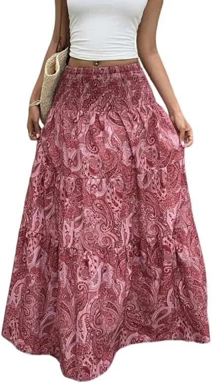 ZAFUL Womens Summer Boho Maxi Skirts Bohemian Print Smocked High Wasited Flowy Tiered Ruffle Long Beach Skirt