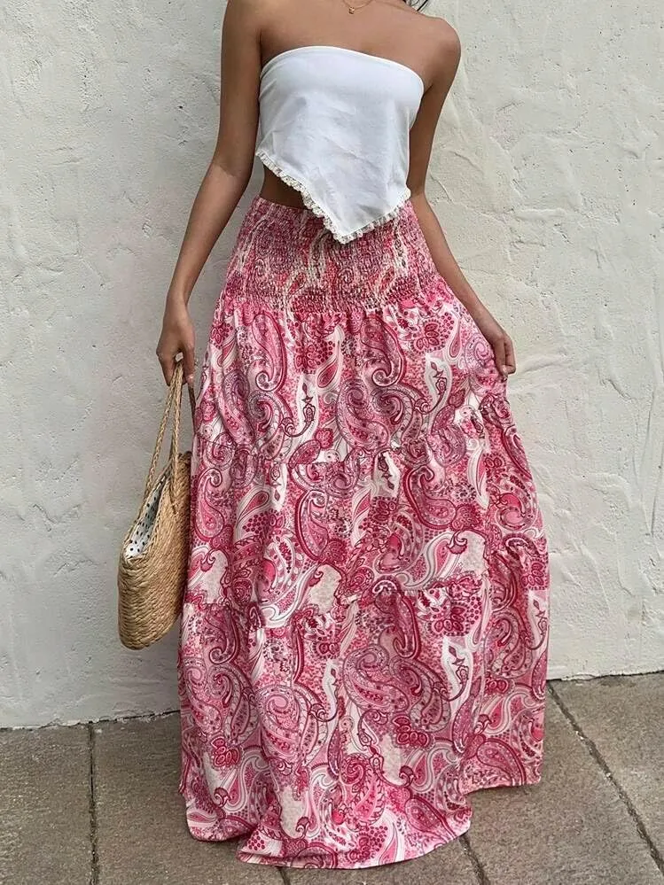 ZAFUL Womens Summer Boho Maxi Skirts Bohemian Print Smocked High Wasited Flowy Tiered Ruffle Long Beach Skirt